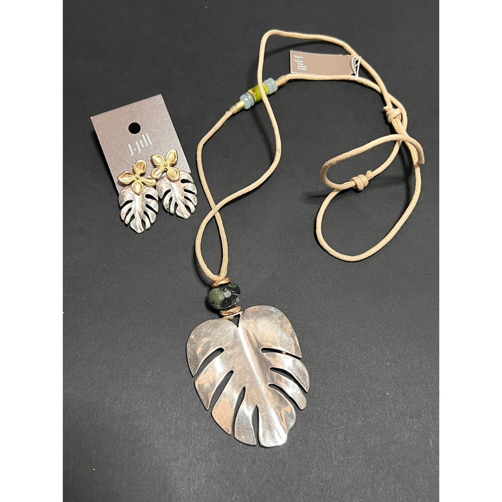 J. Jill Shades of Nature Monstera/Palm Leaf Pendant Necklace & Earrings Set NWT